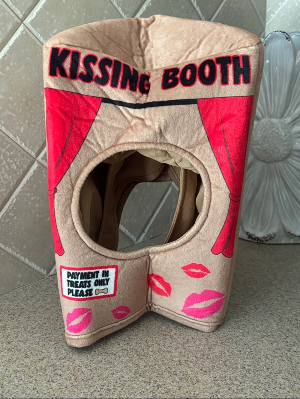 Kissing Booth Dog Costume - Beige & Red Plush Pet Outfit